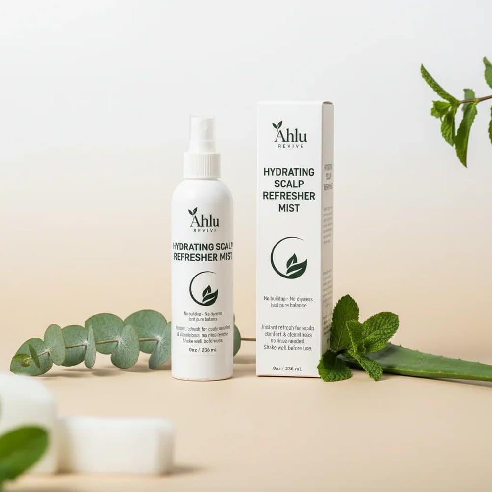 Ahlu Revive bottle beside its carton with eucalyptus and aloe