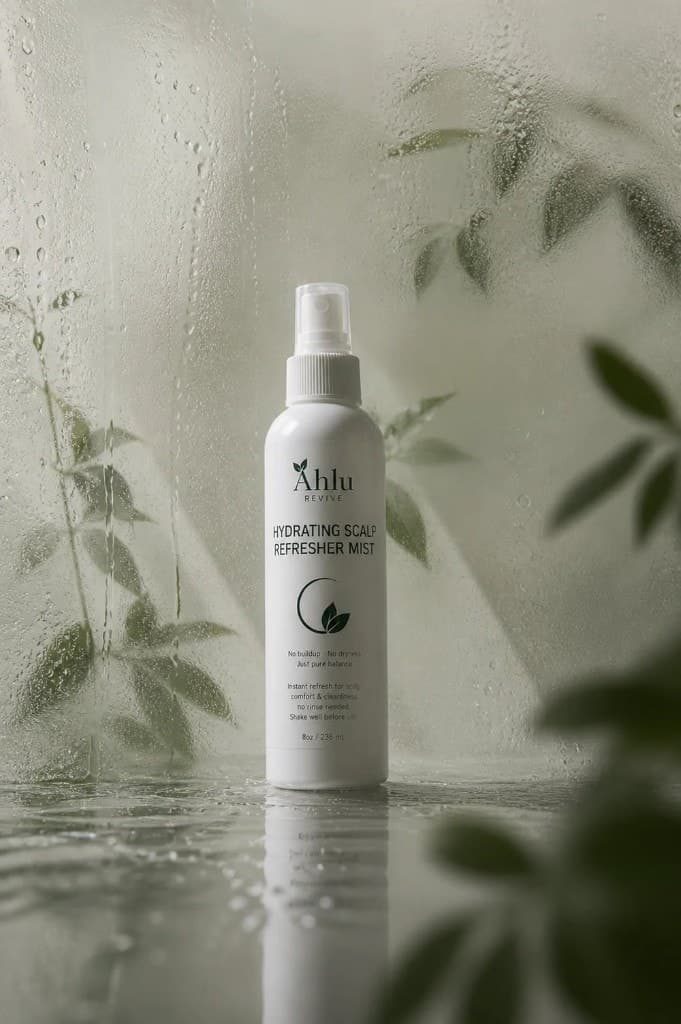Ahlu Revive mist bottle behind misted glass with botanicals