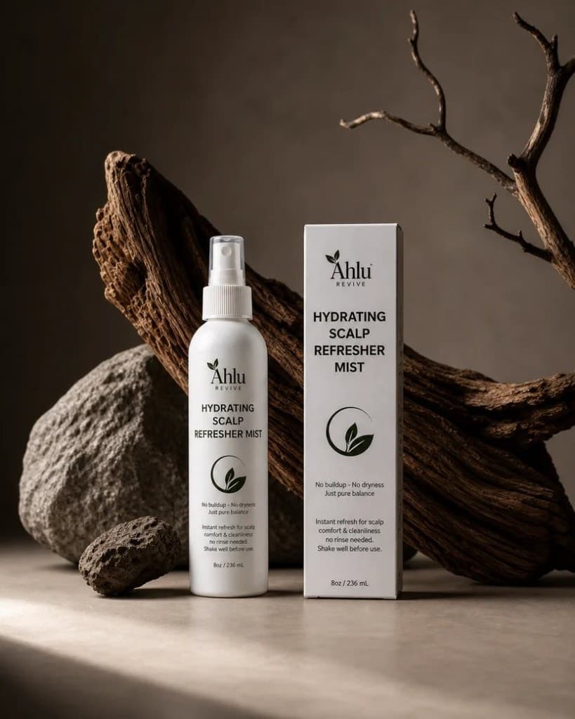 Ahlu Revive bottle and carton styled with driftwood and stone